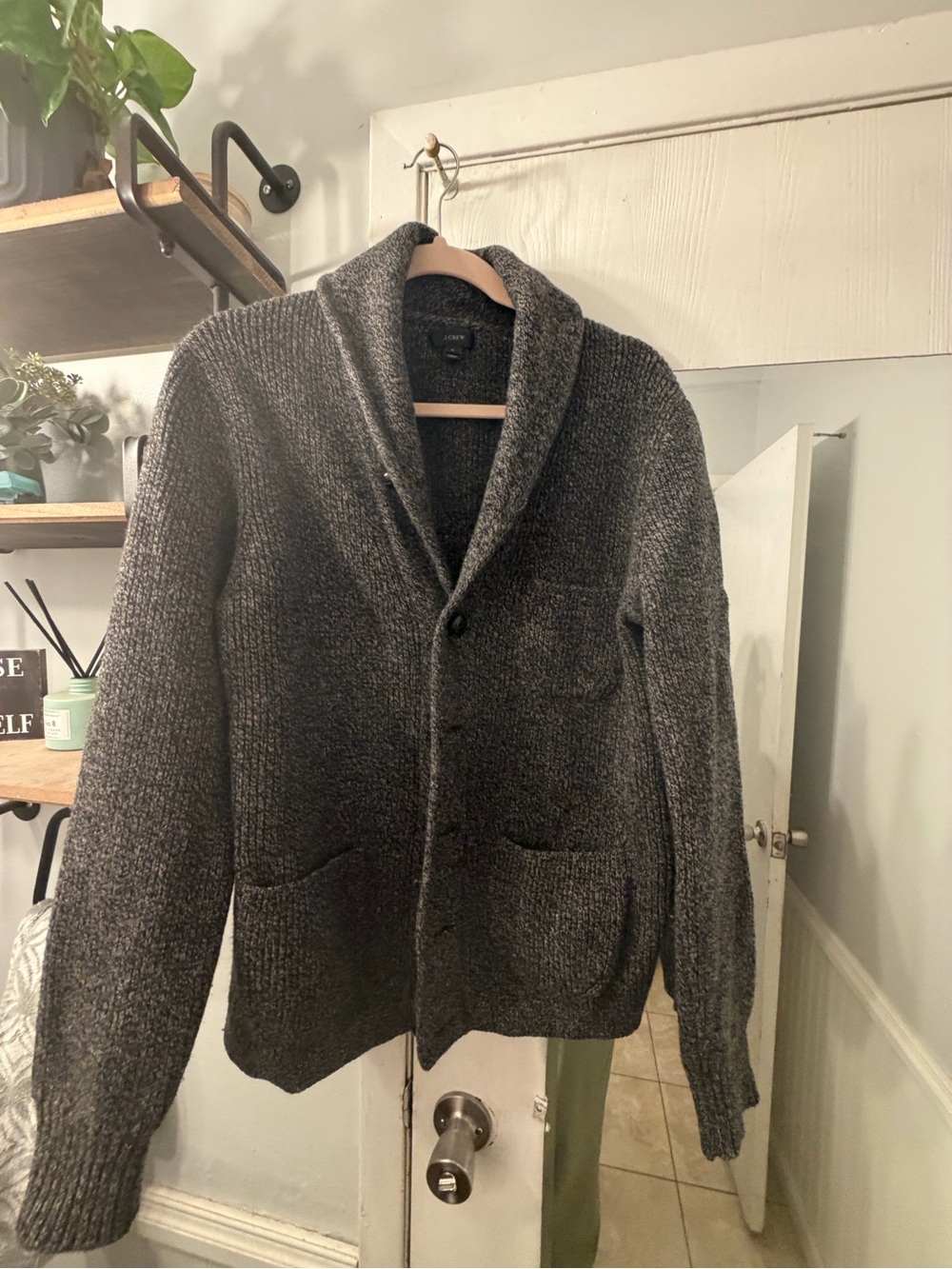 J.Crew Men's Shawl Collar Knit Lambswool Cardigan Sweater - Charcoal